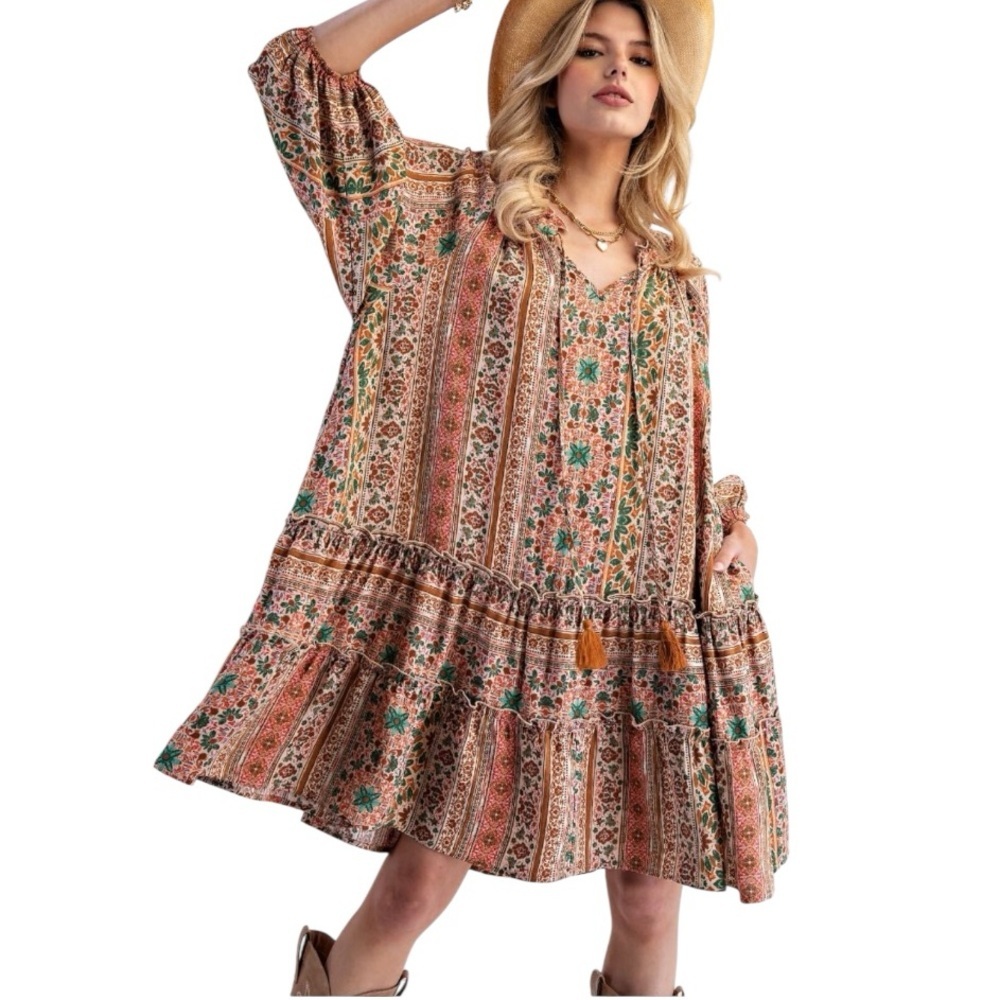 Easel Natural Farm Printed Rayon Nylon Ruffle Bottom Boho Oversized Dress S